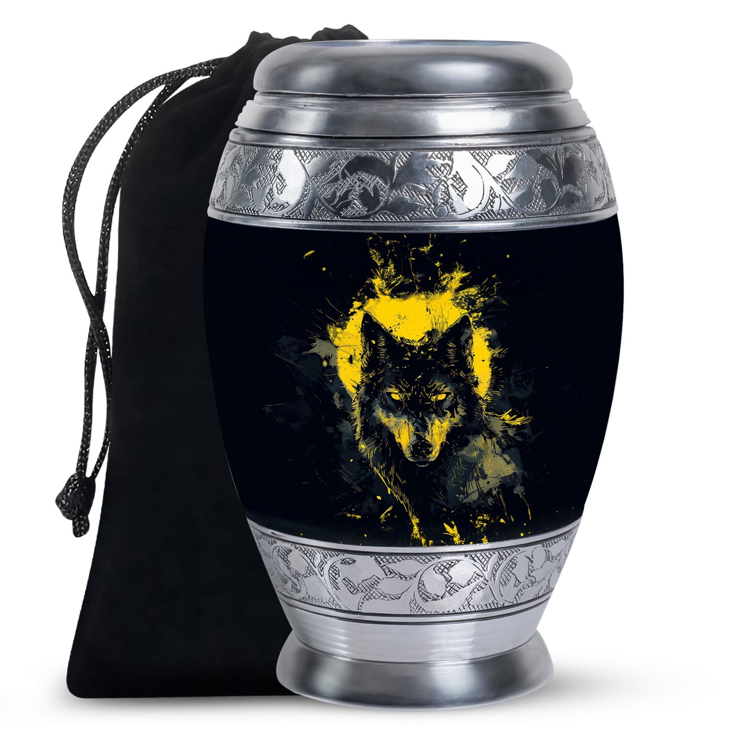 Black Personalized Wolf Cremation Urn for Human Ashes - 10-inch, 200 cu in - Yatskia