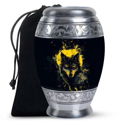 Black Personalized Wolf Cremation Urn for Human Ashes - 10-inch, 200 cu in - Yatskia