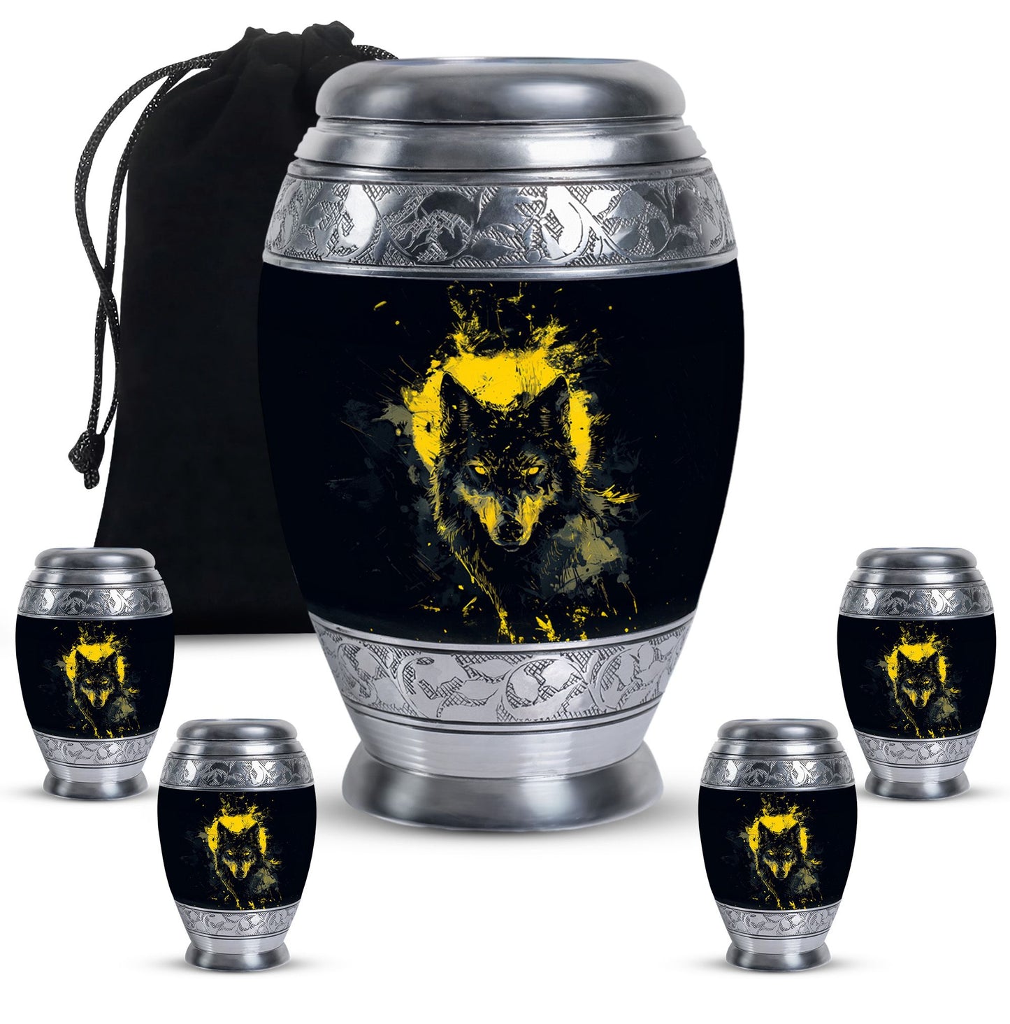 Black Personalized Wolf Cremation Urn for Human Ashes - 10-inch, 200 cu in - Yatskia