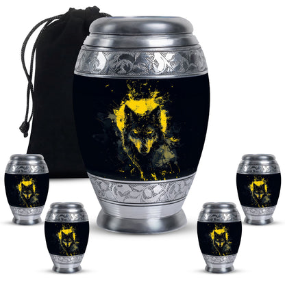 Black Personalized Wolf Cremation Urn for Human Ashes - 10-inch, 200 cu in - Yatskia