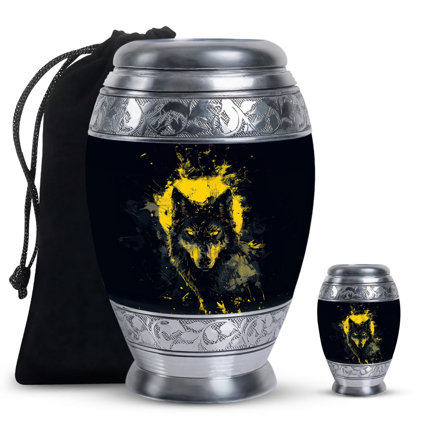 Black Personalized Wolf Cremation Urn for Human Ashes - 10-inch, 200 cu in - Yatskia