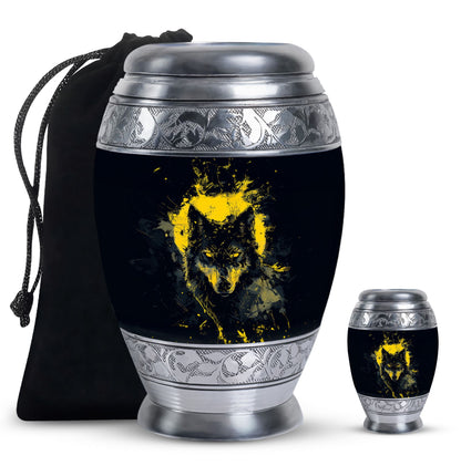 Black Personalized Wolf Cremation Urn for Human Ashes - 10-inch, 200 cu in - Yatskia