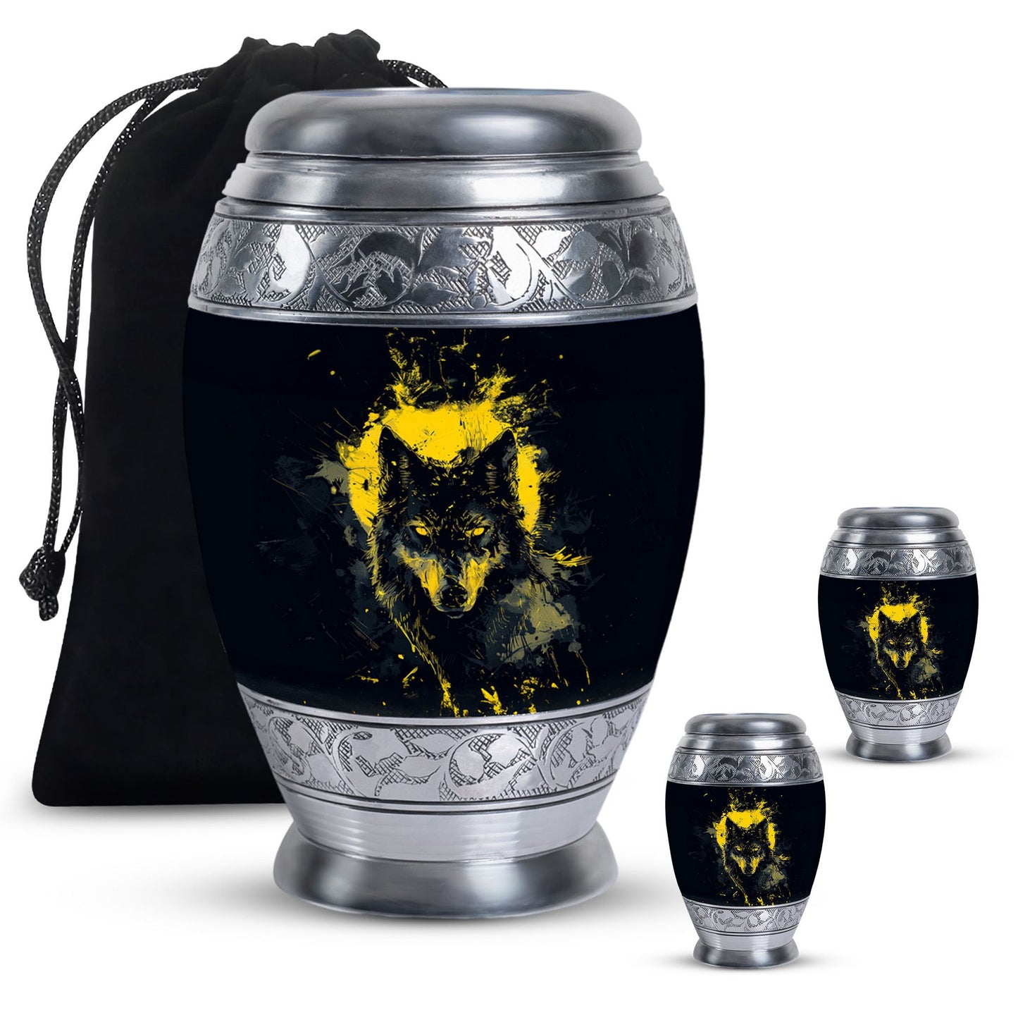 Black Personalized Wolf Cremation Urn for Human Ashes - 10-inch, 200 cu in - Yatskia