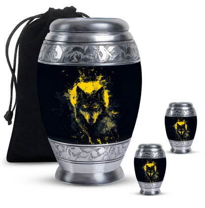 Black Personalized Wolf Cremation Urn for Human Ashes - 10-inch, 200 cu in - Yatskia