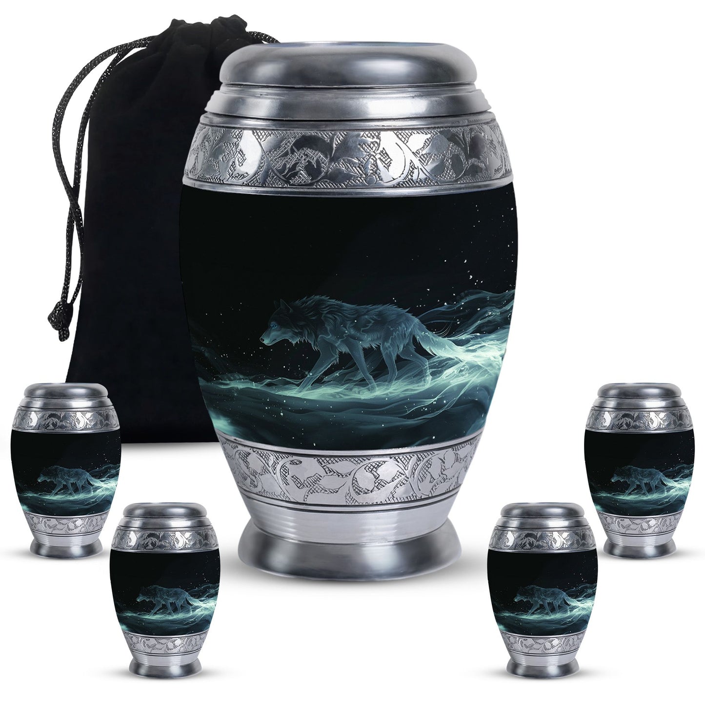 Blue Personalized Wolf Cremation Urn for Adults - 10-inch, 200 cu in - Yatskia