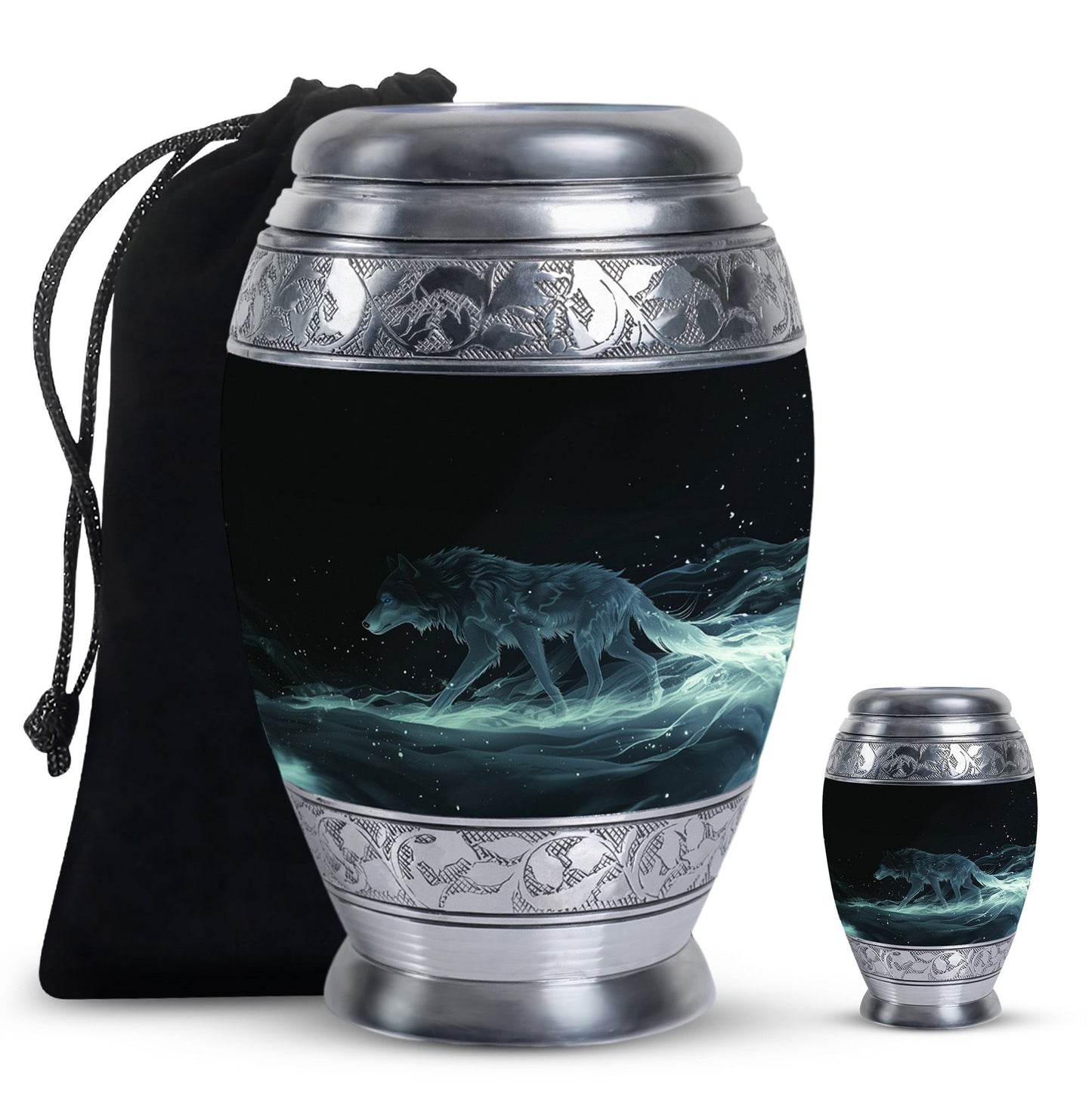 Blue Personalized Wolf Cremation Urn for Adults - 10-inch, 200 cu in - Yatskia