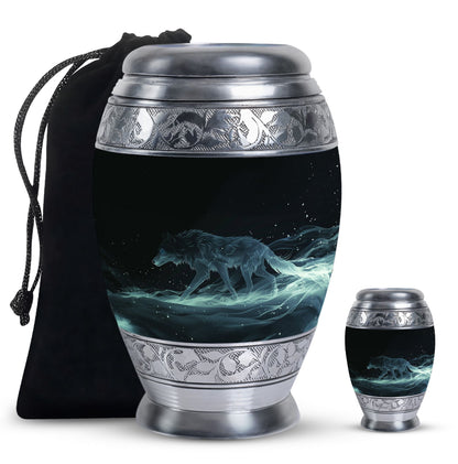 Blue Personalized Wolf Cremation Urn for Adults - 10-inch, 200 cu in - Yatskia