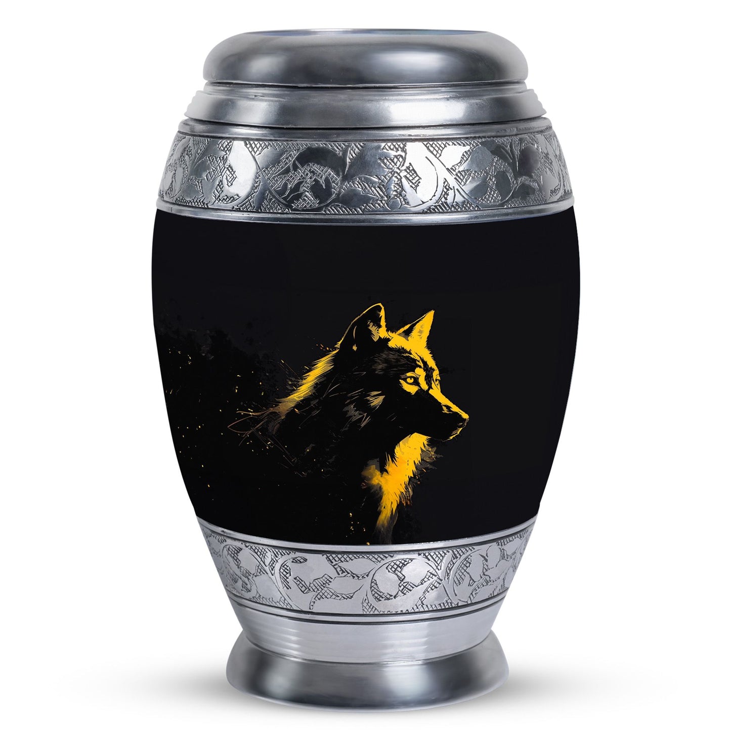 Black Personalized Wolf Cremation Urn for Adult - 10-inch, 200 cu in - Yatskia
