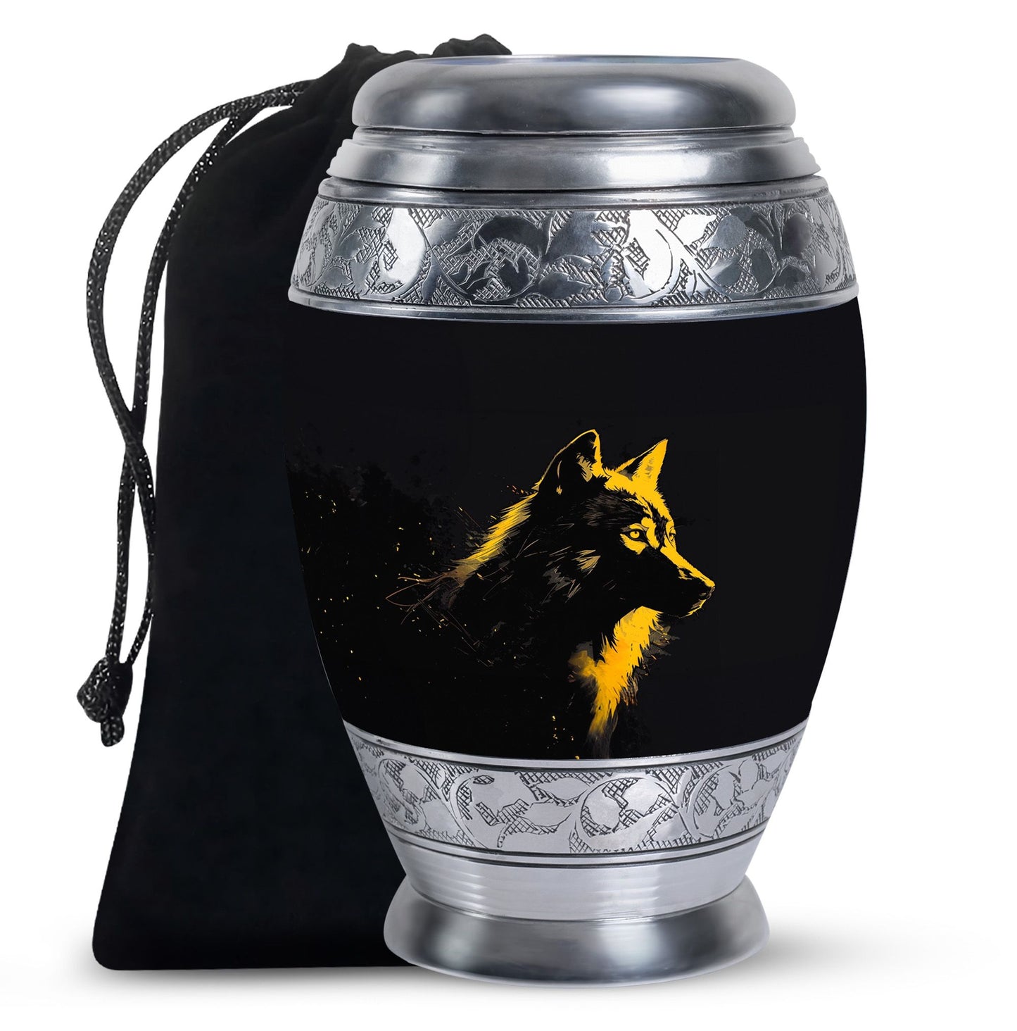 Black Personalized Wolf Cremation Urn for Adult - 10-inch, 200 cu in - Yatskia