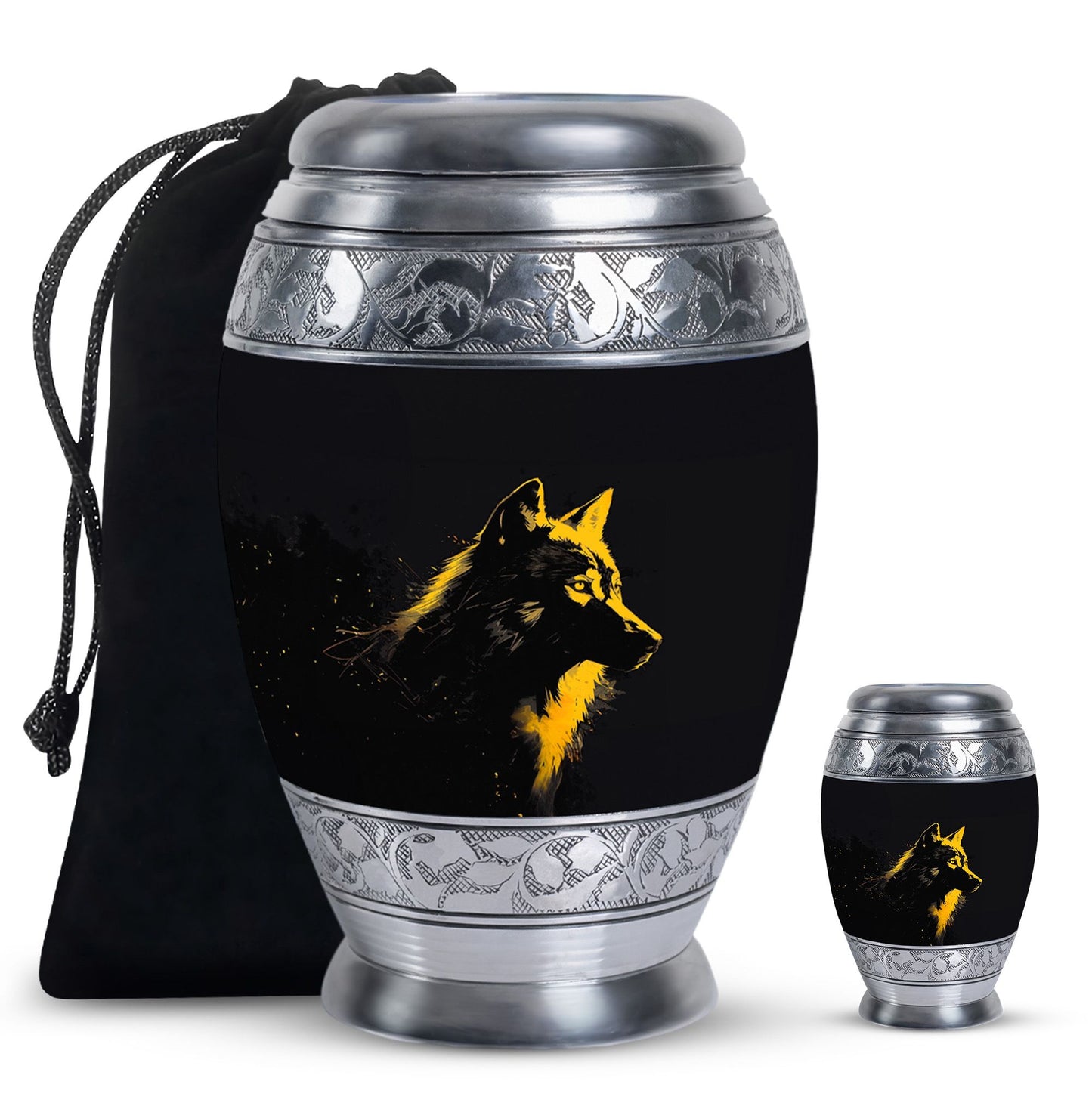 Black Personalized Wolf Cremation Urn for Adult - 10-inch, 200 cu in - Yatskia
