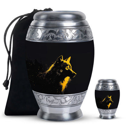 Black Personalized Wolf Cremation Urn for Adult - 10-inch, 200 cu in - Yatskia