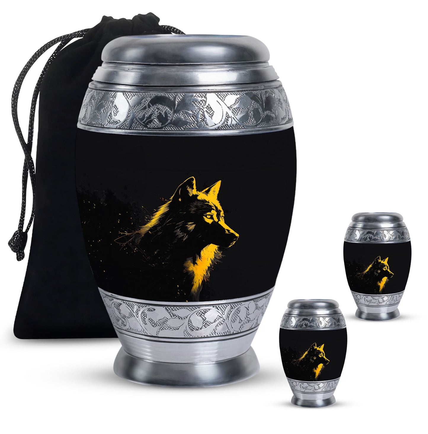 Black Personalized Wolf Cremation Urn for Adult - 10-inch, 200 cu in - Yatskia