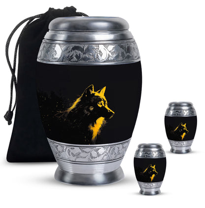 Black Personalized Wolf Cremation Urn for Adult - 10-inch, 200 cu in - Yatskia