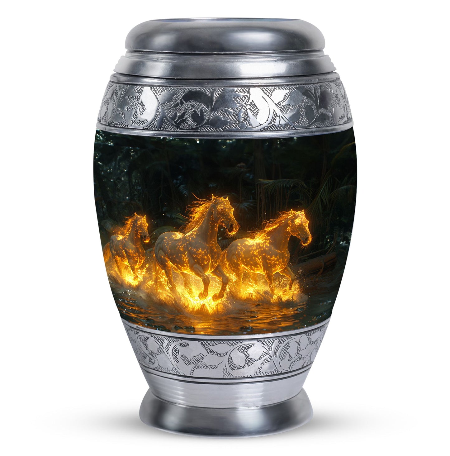 Horse Urn for Human Ashes, Glowing Fiery Horses Running Through Water, Cremation Urn
