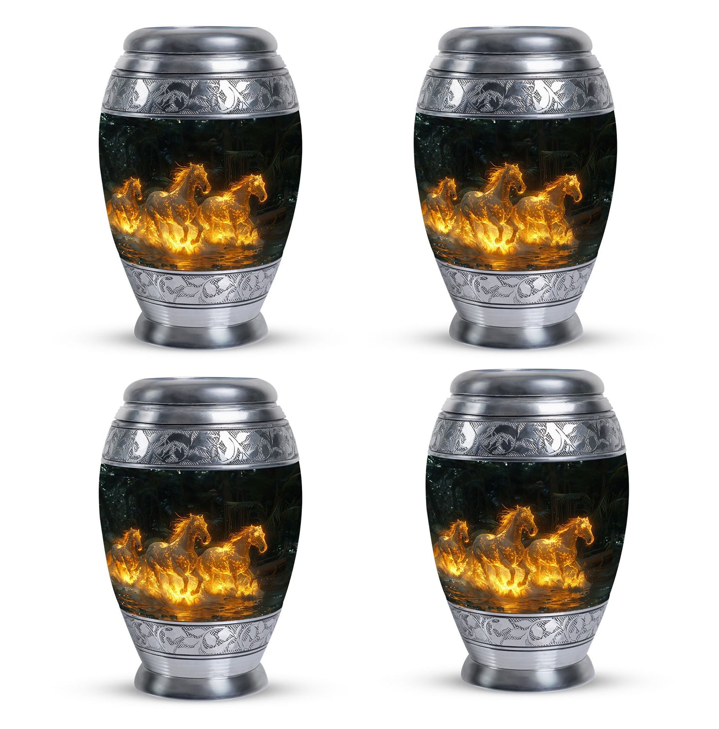 Horse Urn for Human Ashes, Glowing Fiery Horses Running Through Water, Cremation Urn