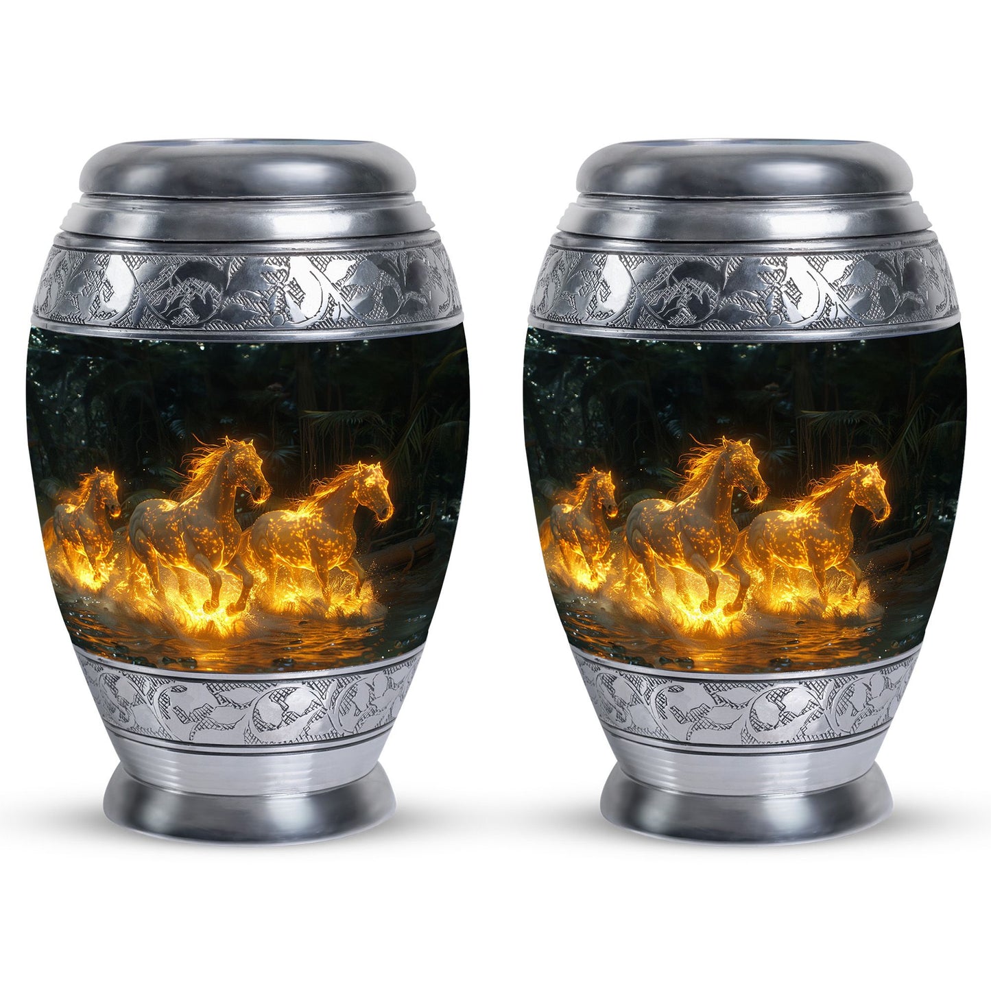 Horse Urn for Human Ashes, Glowing Fiery Horses Running Through Water, Cremation Urn