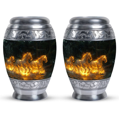 Horse Urn for Human Ashes, Glowing Fiery Horses Running Through Water, Cremation Urn