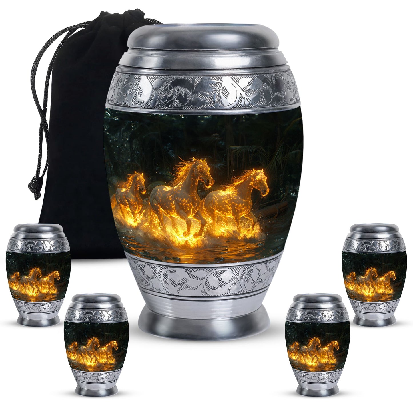 Horse Urn for Human Ashes, Glowing Fiery Horses Running Through Water, Cremation Urn