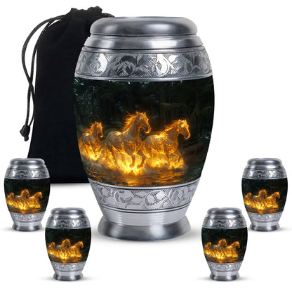 Horse Urn for Human Ashes, Glowing Fiery Horses Running Through Water, Cremation Urn