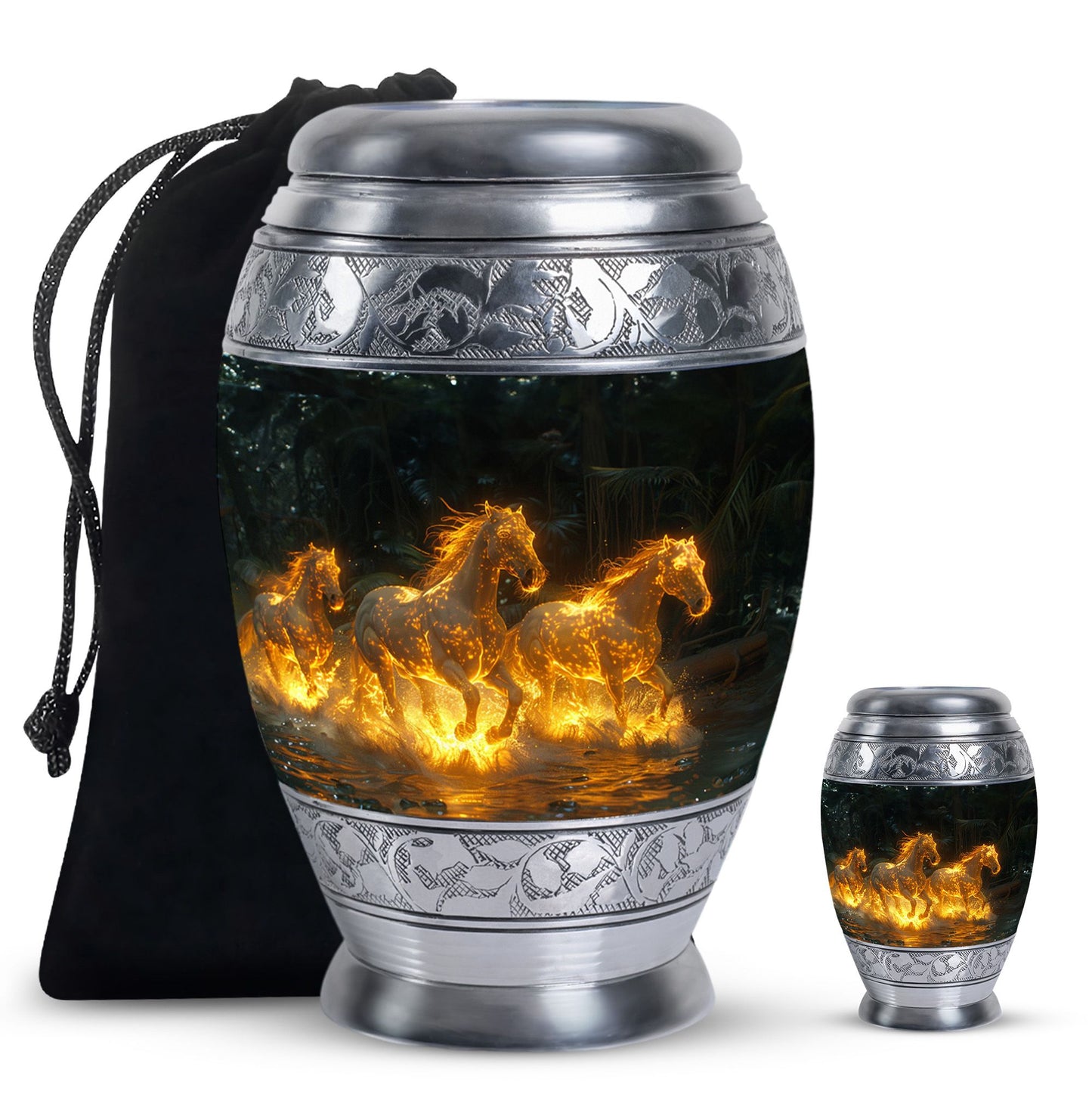 Horse Urn for Human Ashes, Glowing Fiery Horses Running Through Water, Cremation Urn