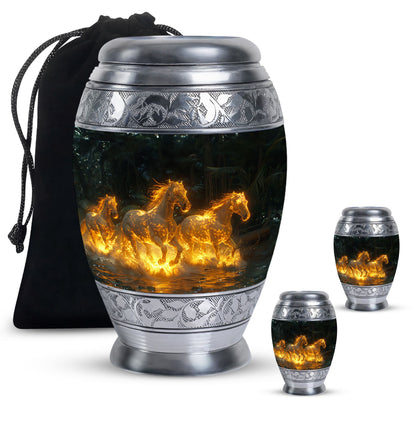 Horse Urn for Human Ashes, Glowing Fiery Horses Running Through Water, Cremation Urn