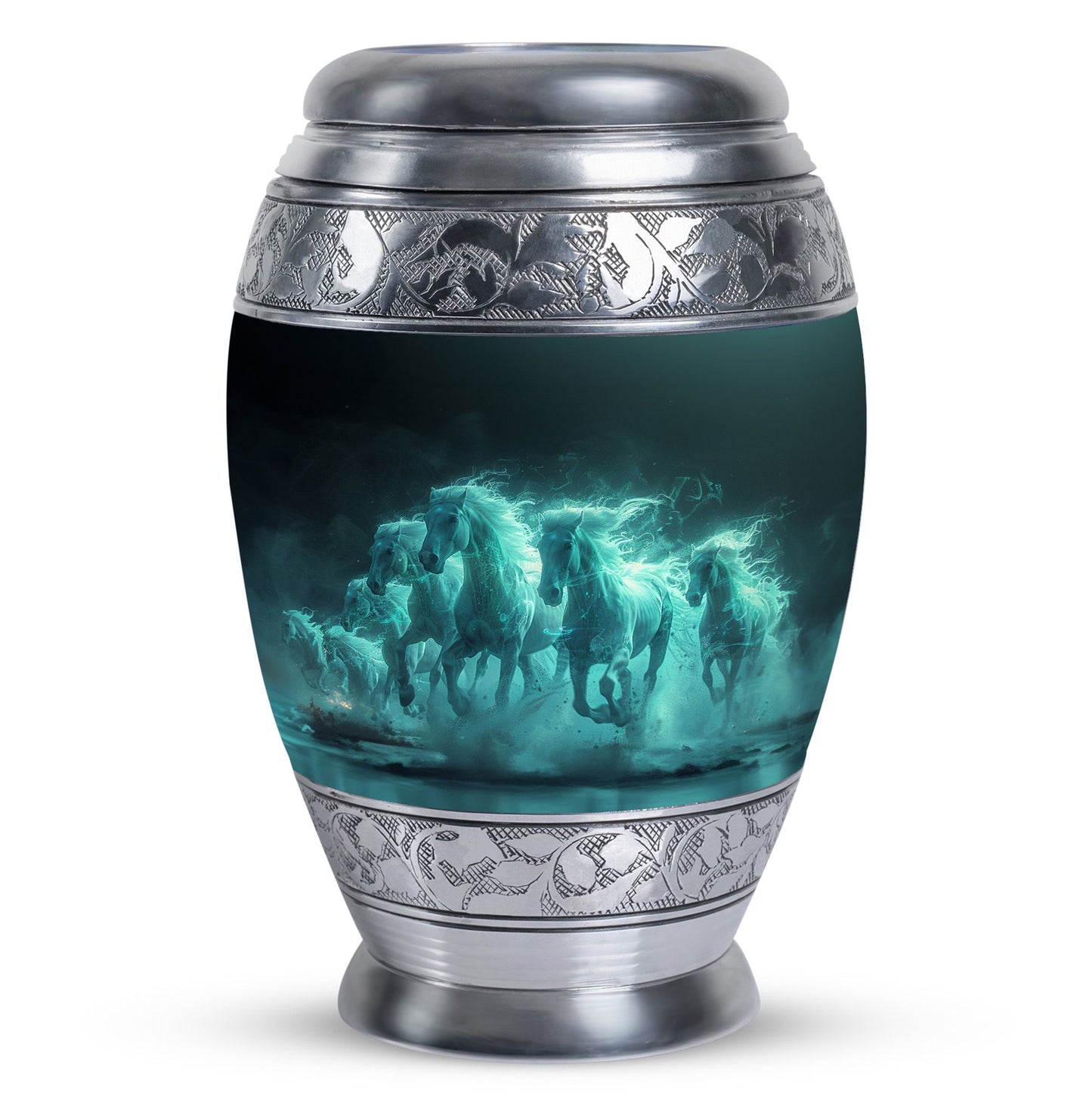 Horse Urn for Human Ashes, Herd of Teal Horses Running Through Mist, Memorial Urn