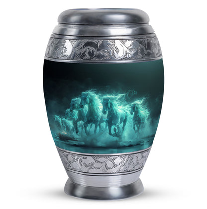 Horse Urn for Human Ashes, Herd of Teal Horses Running Through Mist, Memorial Urn