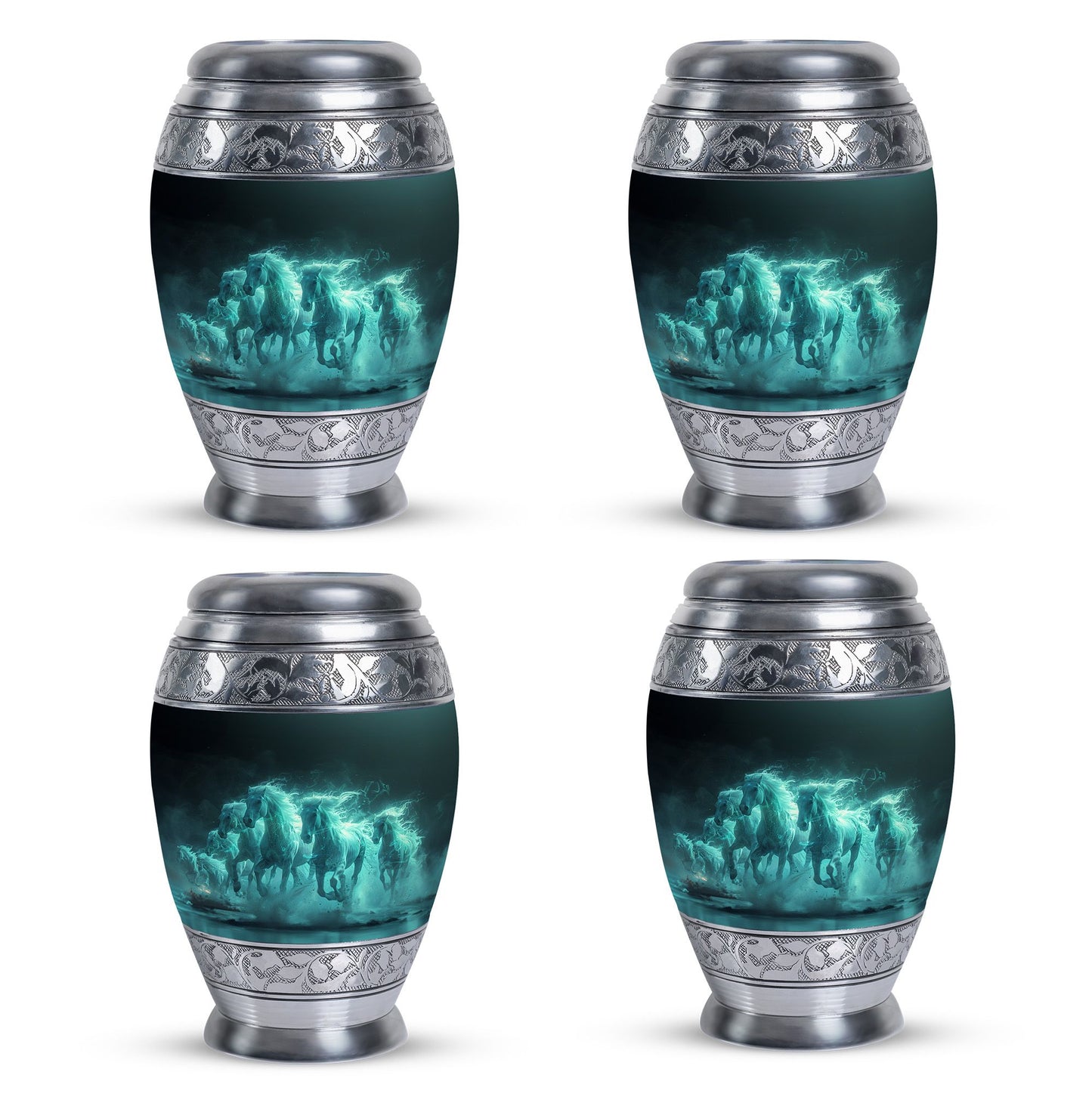 Horse Urn for Human Ashes, Herd of Teal Horses Running Through Mist, Memorial Urn