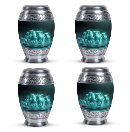 Horse Urn for Human Ashes, Herd of Teal Horses Running Through Mist, Memorial Urn