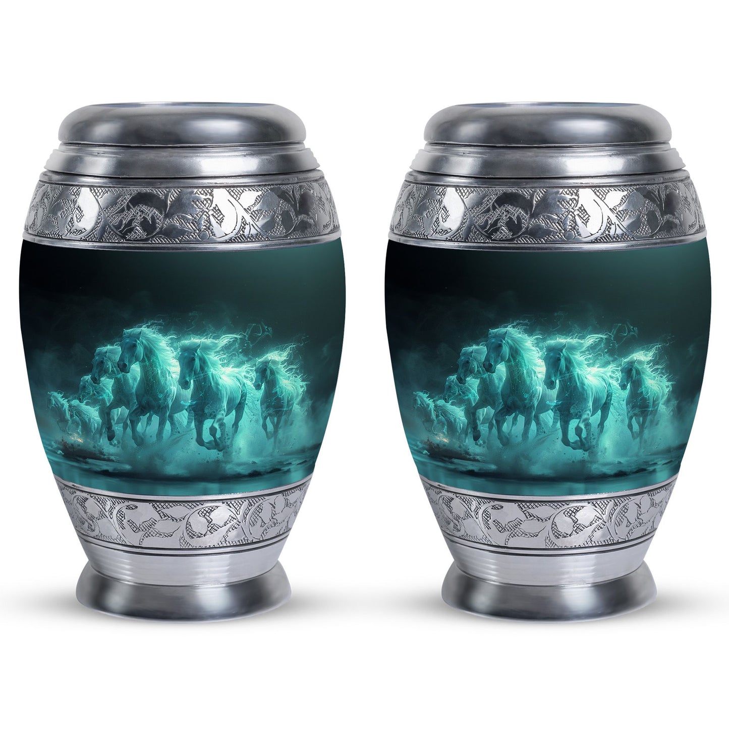 Horse Urn for Human Ashes, Herd of Teal Horses Running Through Mist, Memorial Urn