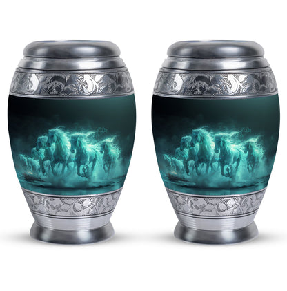 Horse Urn for Human Ashes, Herd of Teal Horses Running Through Mist, Memorial Urn