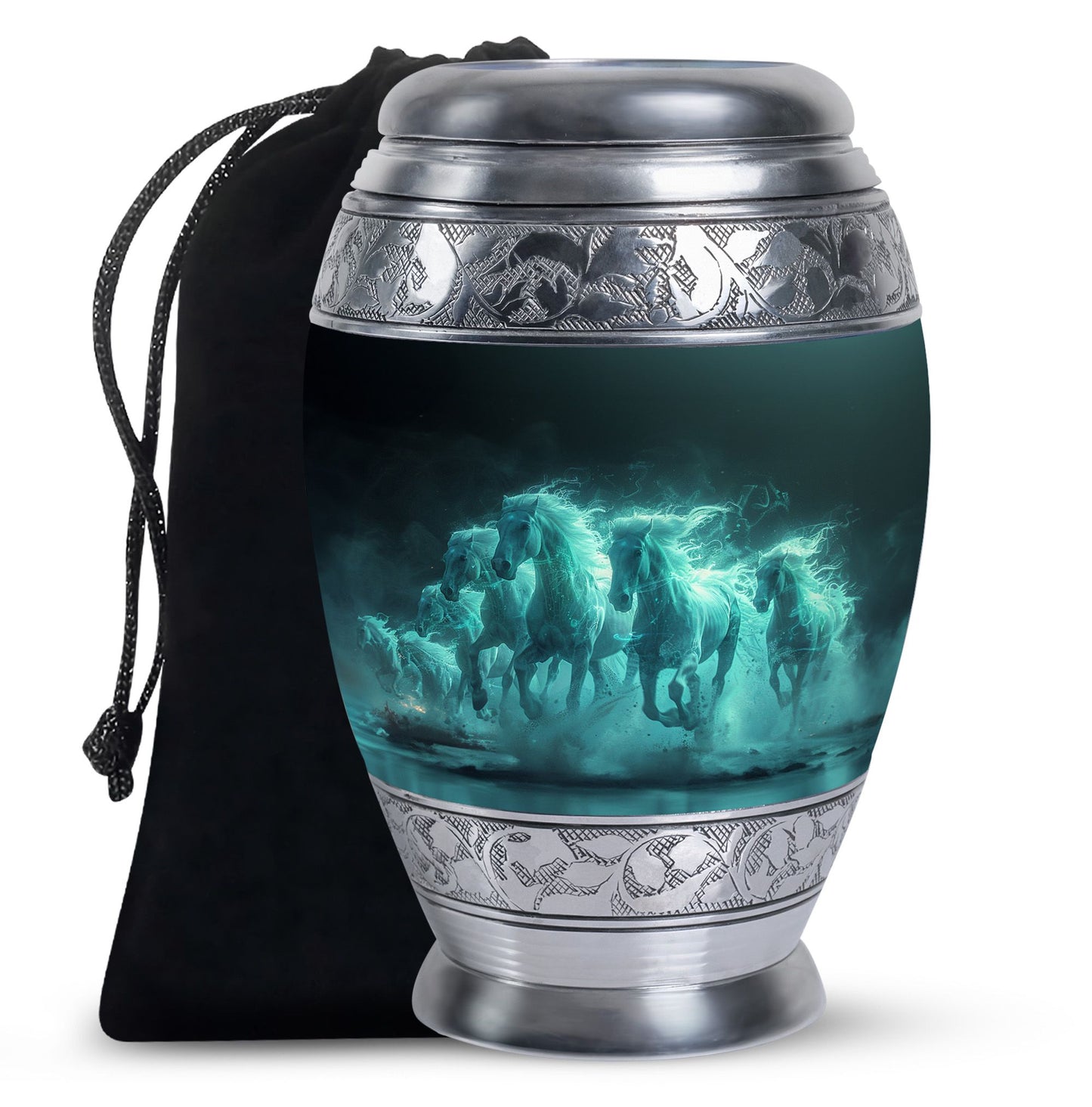 Horse Urn for Human Ashes, Herd of Teal Horses Running Through Mist, Memorial Urn