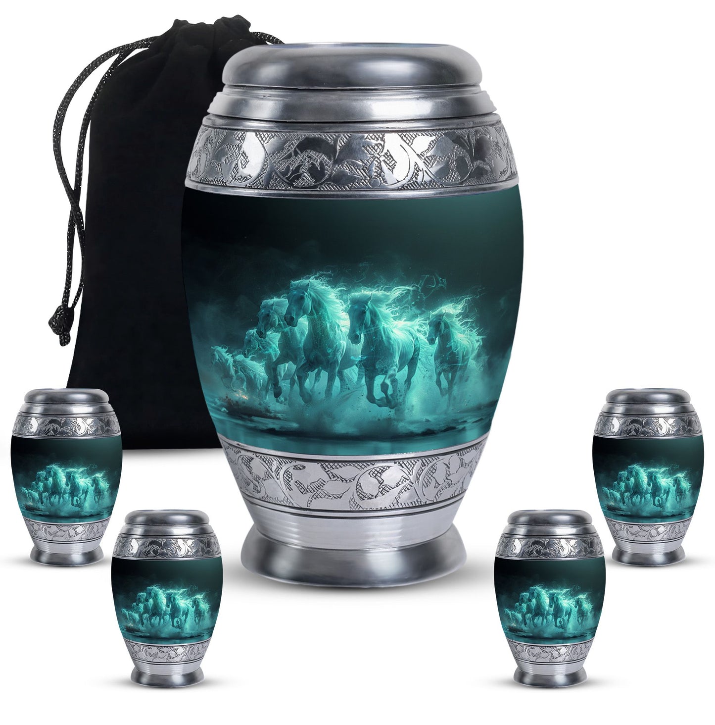 Horse Urn for Human Ashes, Herd of Teal Horses Running Through Mist, Memorial Urn