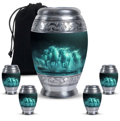 Horse Urn for Human Ashes, Herd of Teal Horses Running Through Mist, Memorial Urn