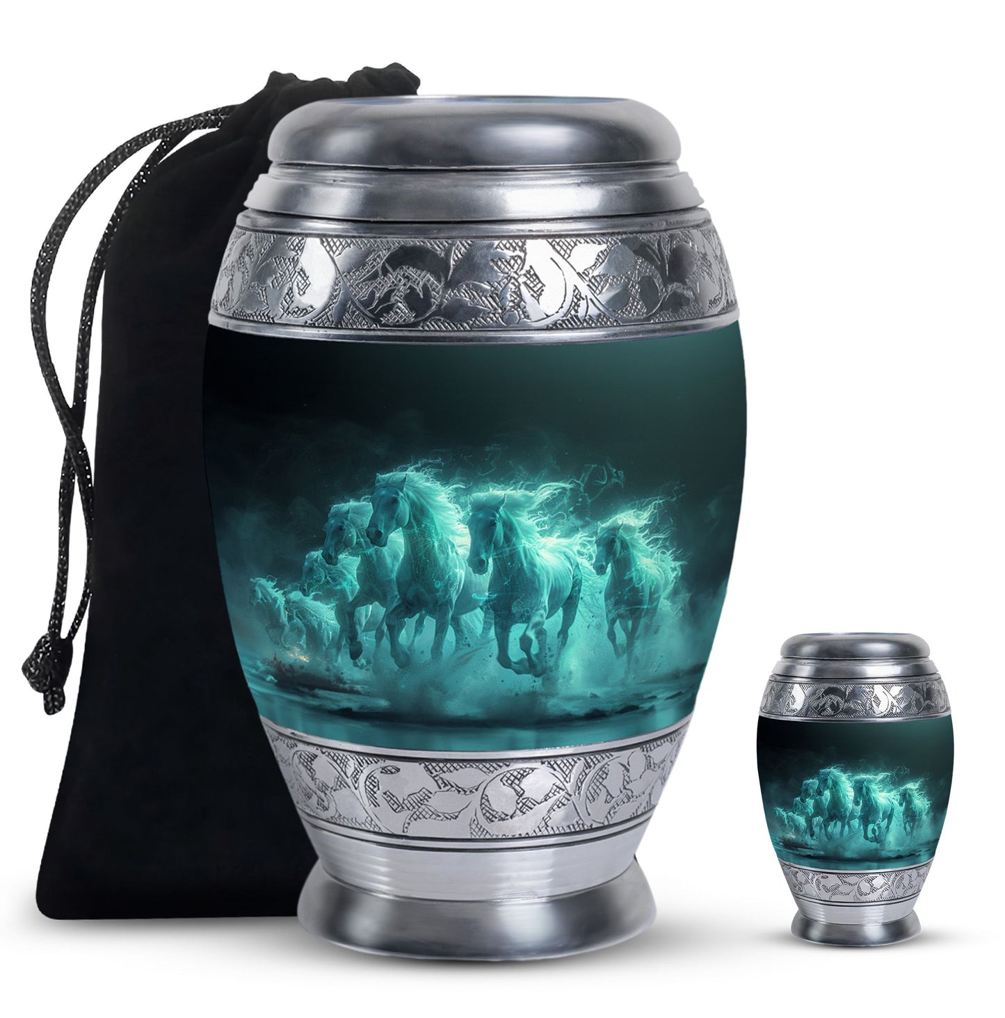 Horse Urn for Human Ashes, Herd of Teal Horses Running Through Mist, Memorial Urn