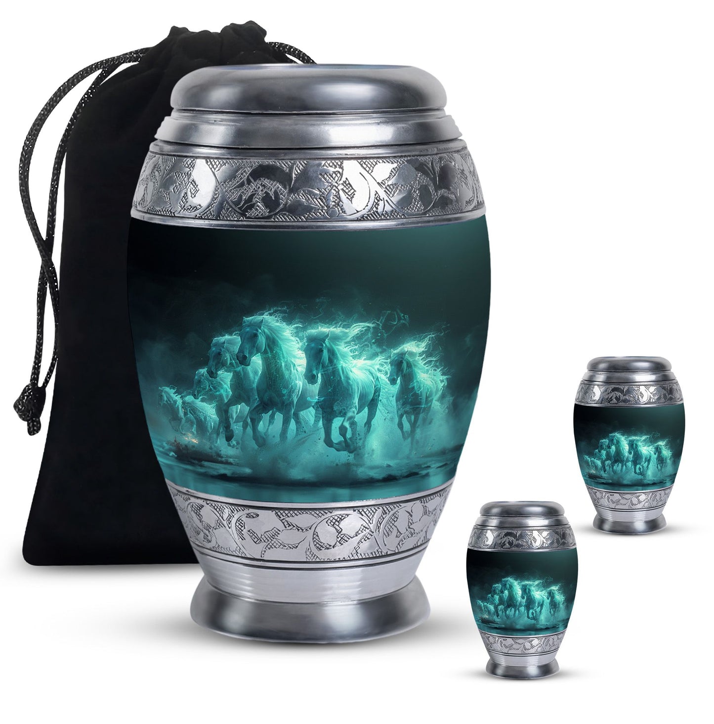 Horse Urn for Human Ashes, Herd of Teal Horses Running Through Mist, Memorial Urn