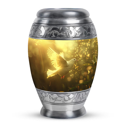 Bird Urn for Human Ashes, White Dove Through Golden Sparkling Light, Memorial Urn