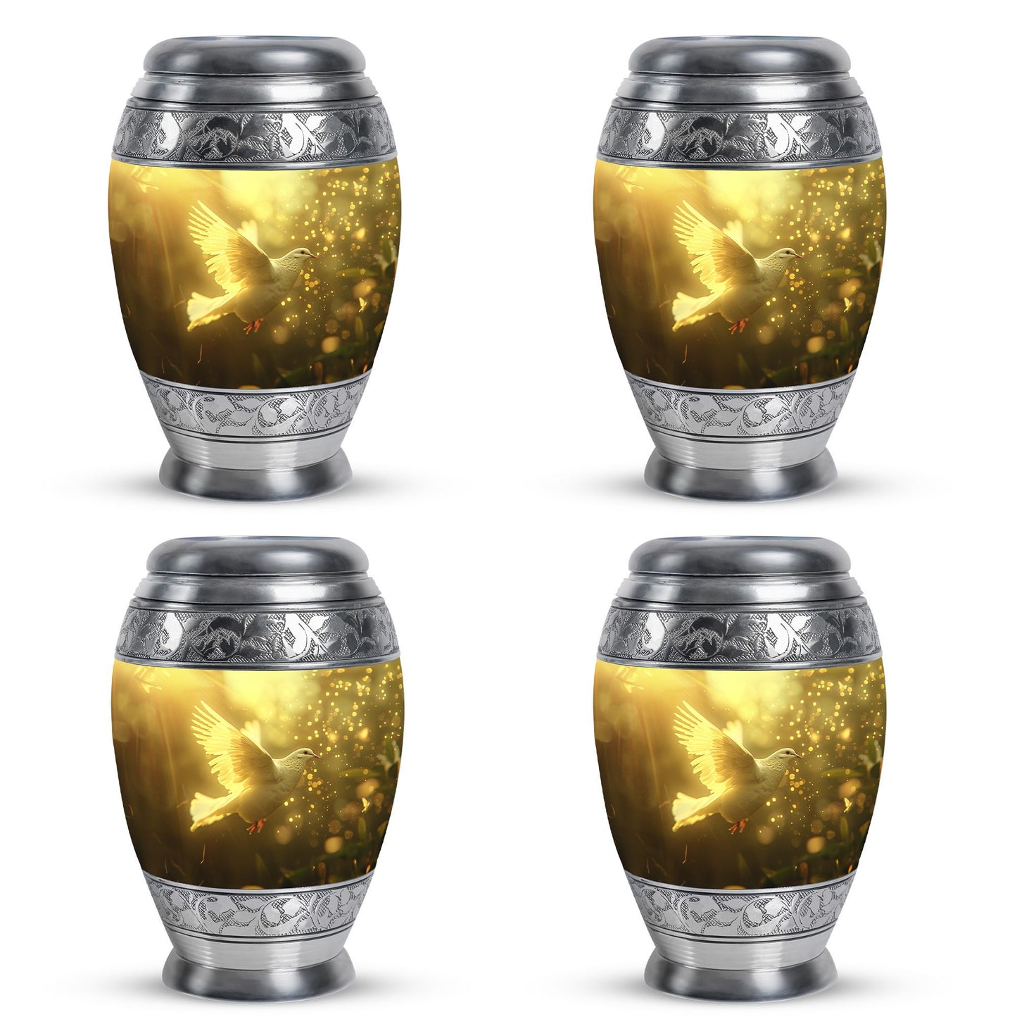 Bird Urn for Human Ashes, White Dove Through Golden Sparkling Light, Memorial Urn