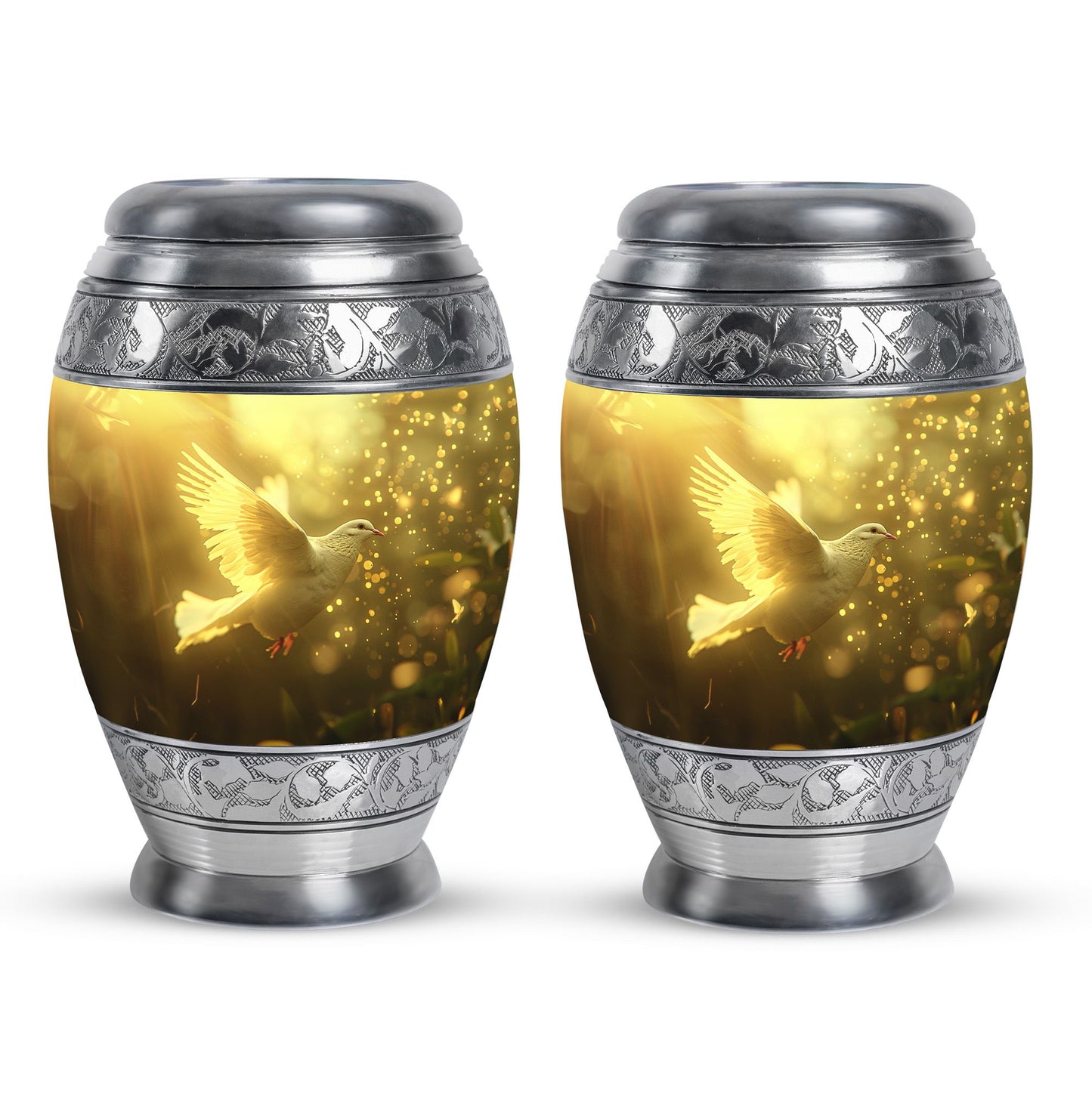 Bird Urn for Human Ashes, White Dove Through Golden Sparkling Light, Memorial Urn
