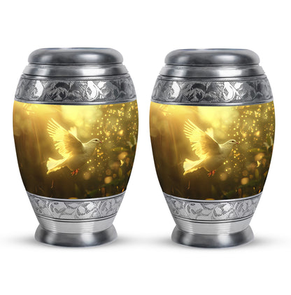 Bird Urn for Human Ashes, White Dove Through Golden Sparkling Light, Memorial Urn