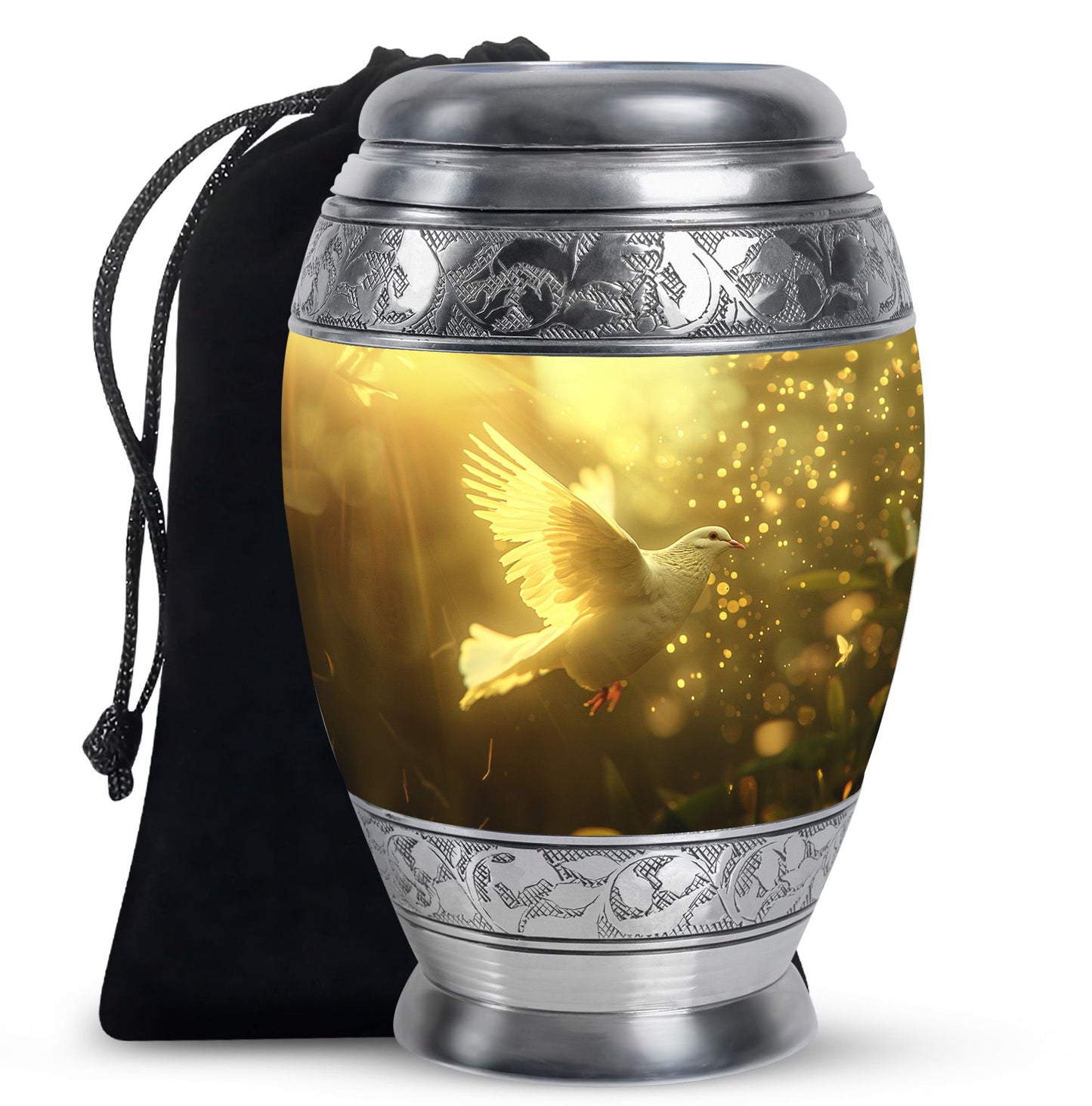 Bird Urn for Human Ashes, White Dove Through Golden Sparkling Light, Memorial Urn