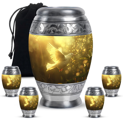 Bird Urn for Human Ashes, White Dove Through Golden Sparkling Light, Memorial Urn