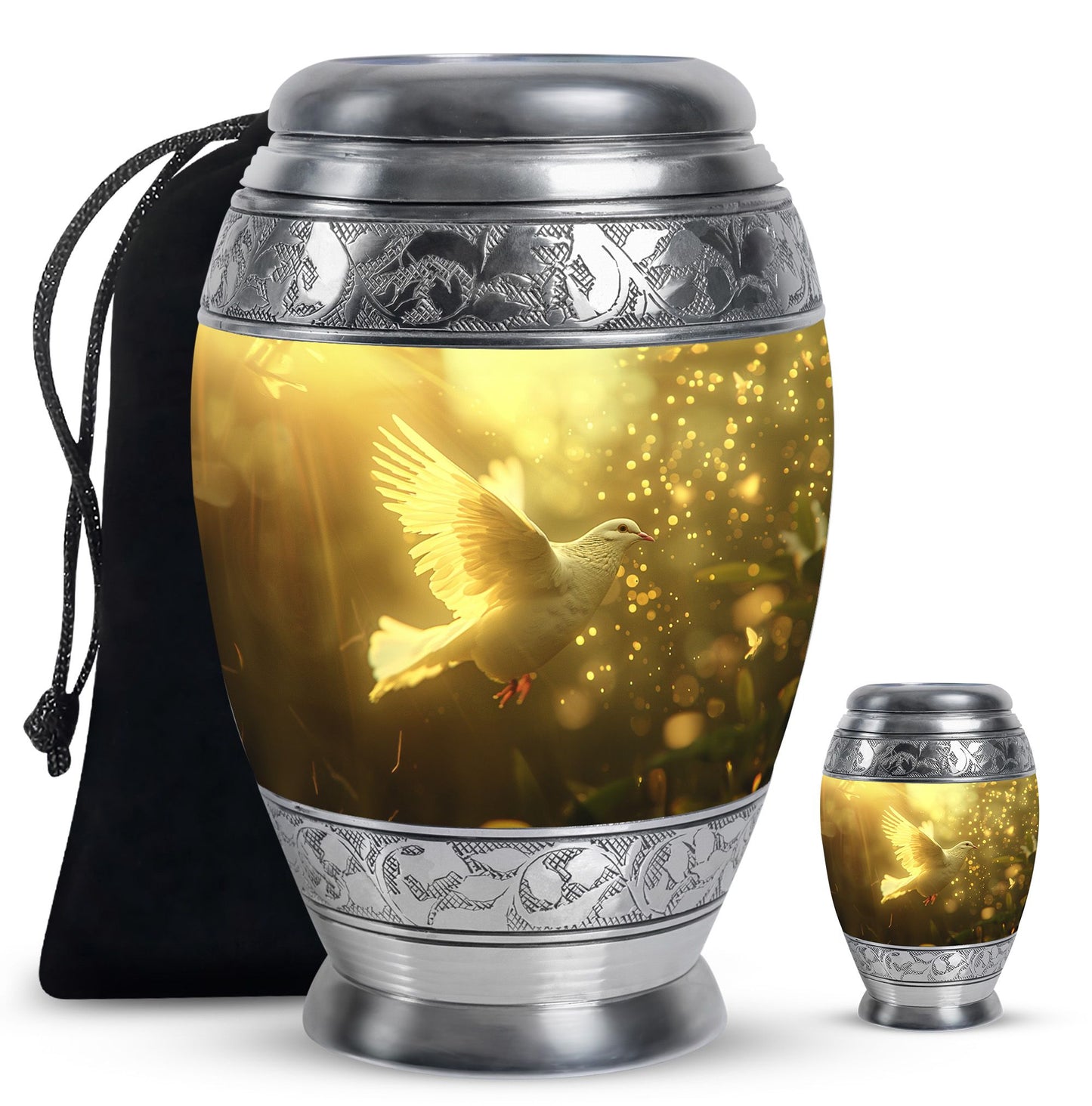 Bird Urn for Human Ashes, White Dove Through Golden Sparkling Light, Memorial Urn