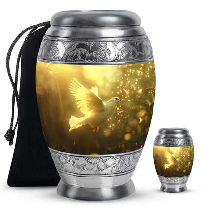 Bird Urn for Human Ashes, White Dove Through Golden Sparkling Light, Memorial Urn