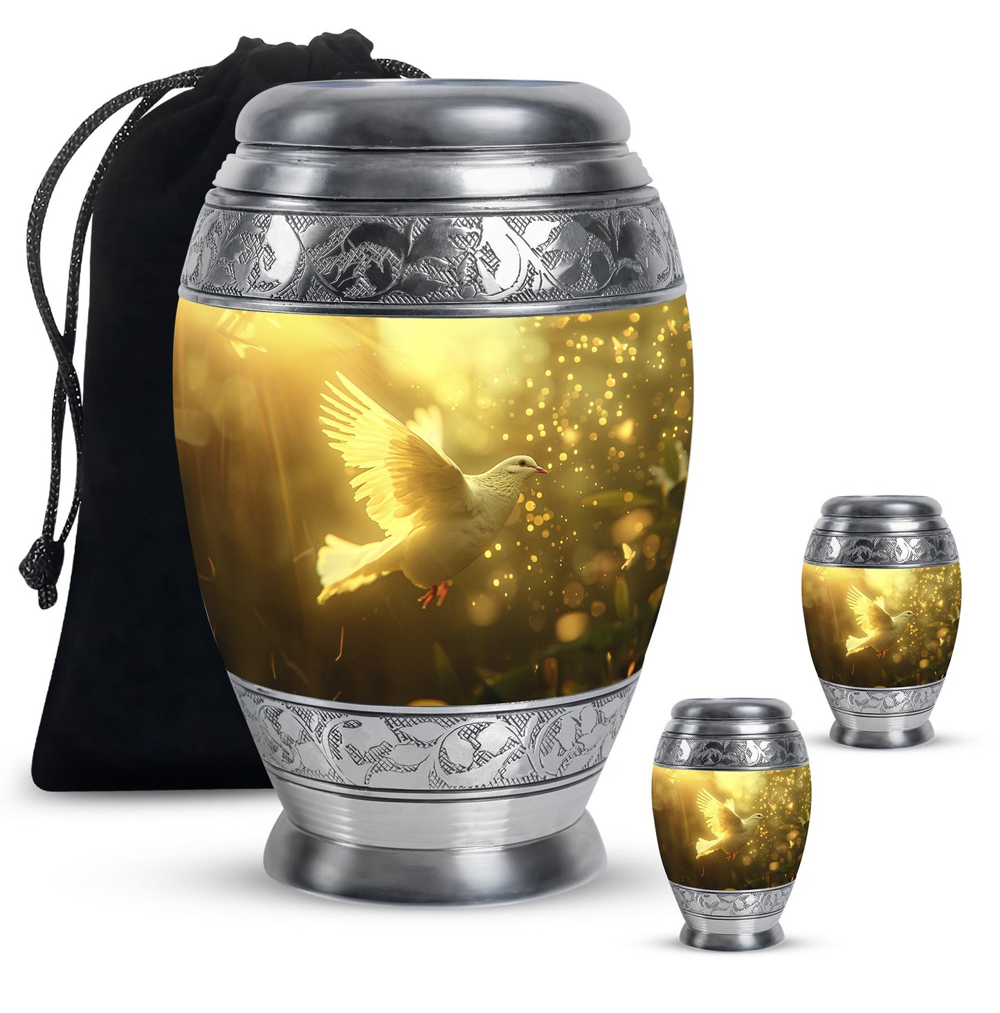 Bird Urn for Human Ashes, White Dove Through Golden Sparkling Light, Memorial Urn