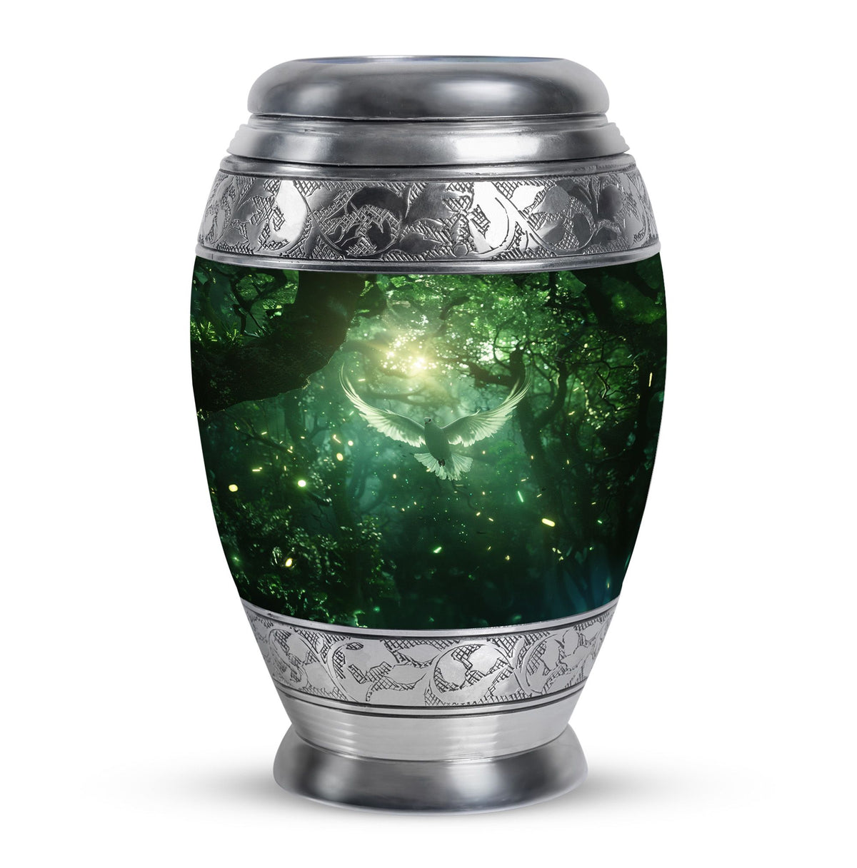 Bird Urn for Human Ashes, White Dove Through Glowing Forest, Green Memorial Urn