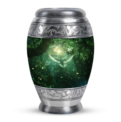 Bird Urn for Human Ashes, White Dove Through Glowing Forest, Green Memorial Urn