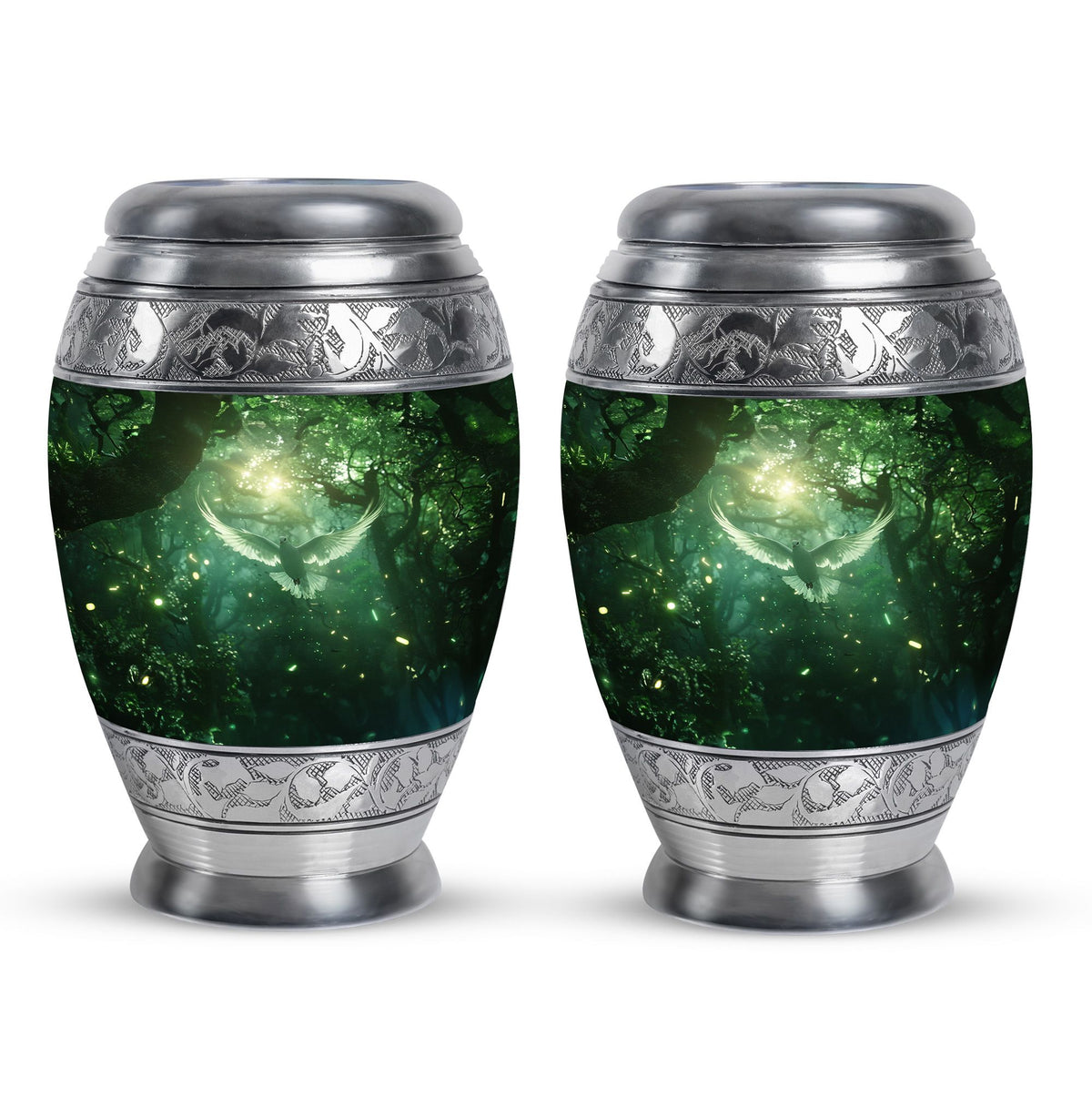 Bird Urn for Human Ashes, White Dove Through Glowing Forest, Green Memorial Urn