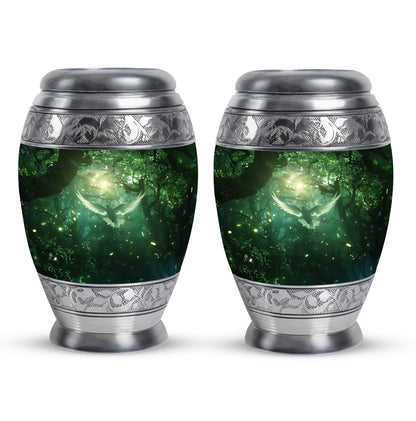 Bird Urn for Human Ashes, White Dove Through Glowing Forest, Green Memorial Urn