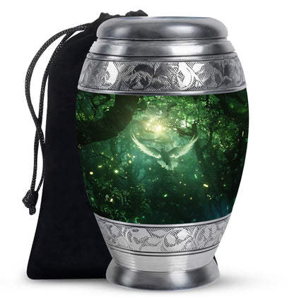 Bird Urn for Human Ashes, White Dove Through Glowing Forest, Green Memorial Urn